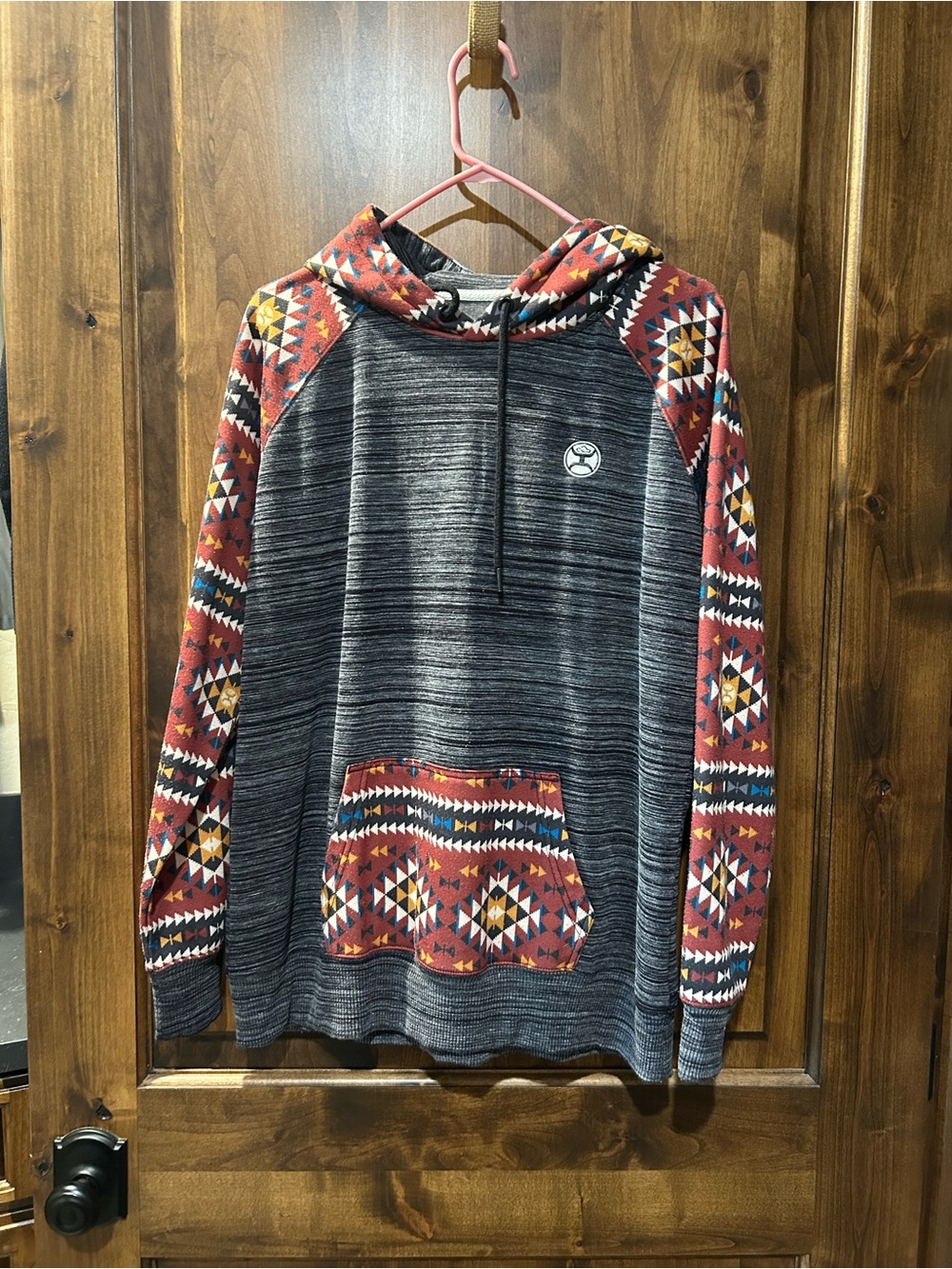 Women’s Hooey Charcoal Hoodie with Red Aztec Sleeves